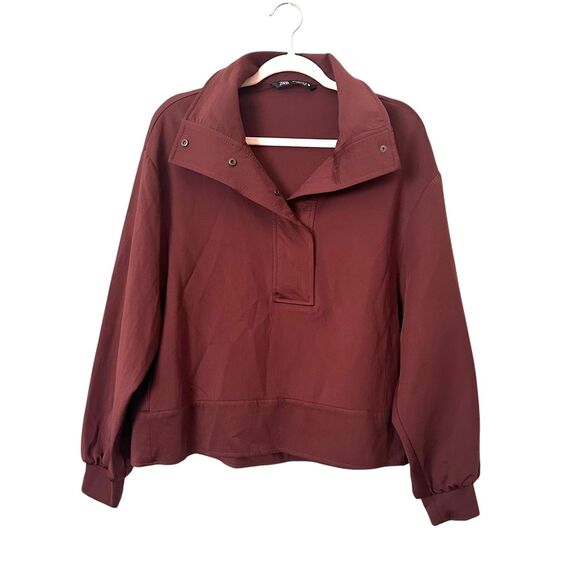 Zara Tops - ZARA Snap Button‎ Pullover Satin-Like Sweatshirt Brown Small